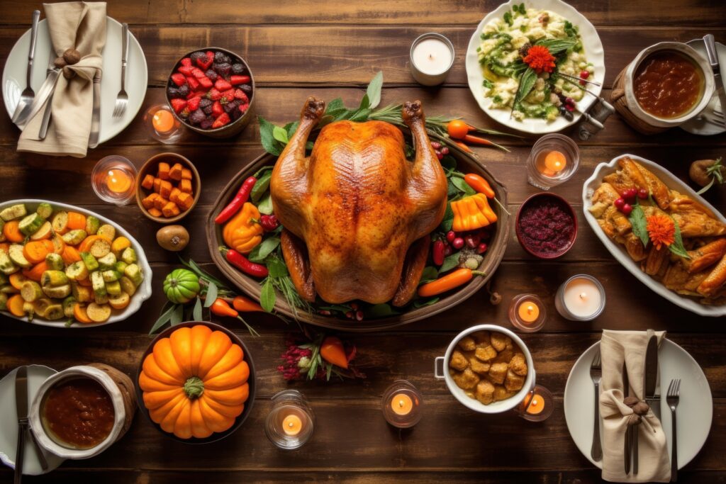 A traditional Thanksgiving dish roasted turkey with vegetables and herbs.