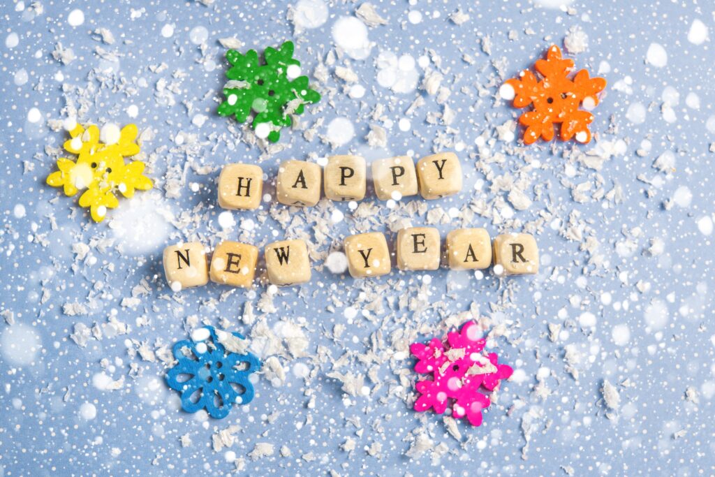 New Year card Inscription Happy new year on the background of snow and decor