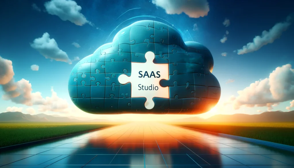 The image abstractly portrays the integration and seamless service creation through the metaphor of puzzle pieces forming a cloud against a serene blue sky. The name "SaaS Studio" is subtly incorporated, reinforcing its theme. This design emphasizes unity, innovation, and the limitless possibilities of cloud technology in SaaS solutions.