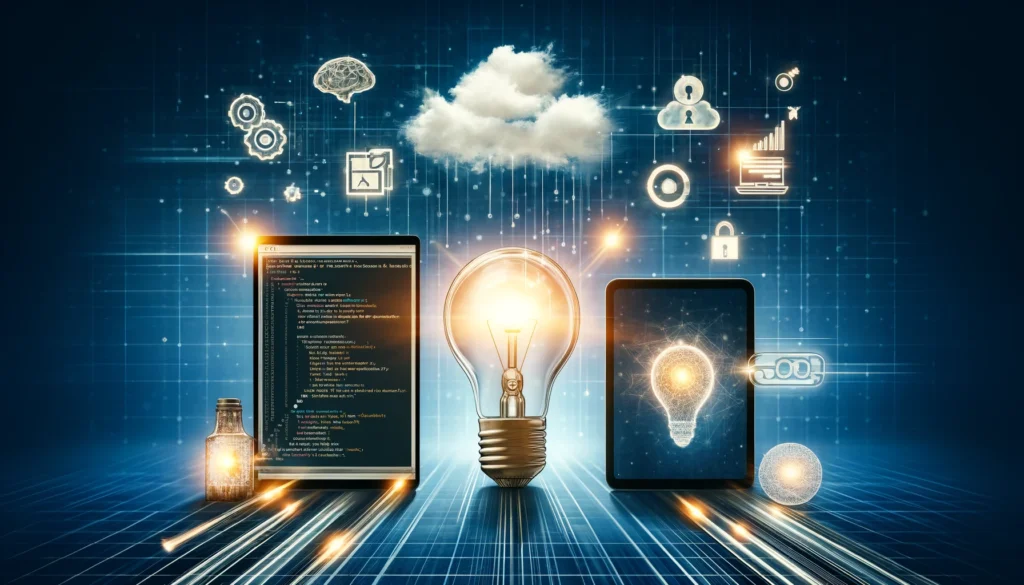 A lightbulb shows the initial idea, leading to screens for development, while a cloud represents the SaaS platform. A smartphone and tablet display the finished app. The background emphasizes technology with a network pattern.