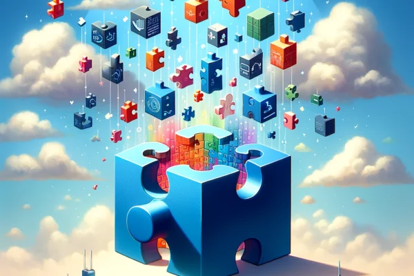 an image that conceptualizes SaaS Studio through the metaphor of puzzle pieces coming together in the sky, each representing a component of the comprehensive toolkit provided for web-based service development. This visual emphasizes the seamless integration and collaborative potential of SaaS Studio without depicting a workplace or being abstract.