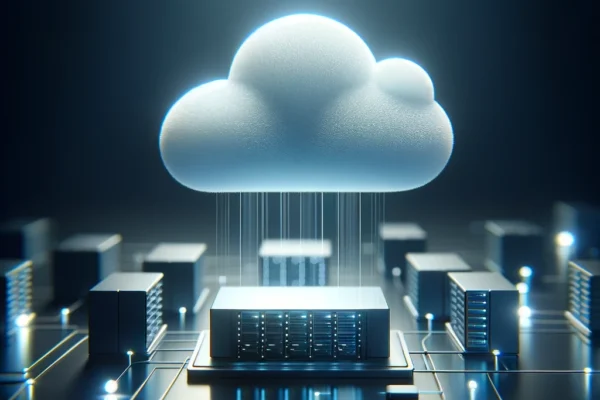 Cloud Hosting for a webpage section, showcasing a model cloud over a network of servers.